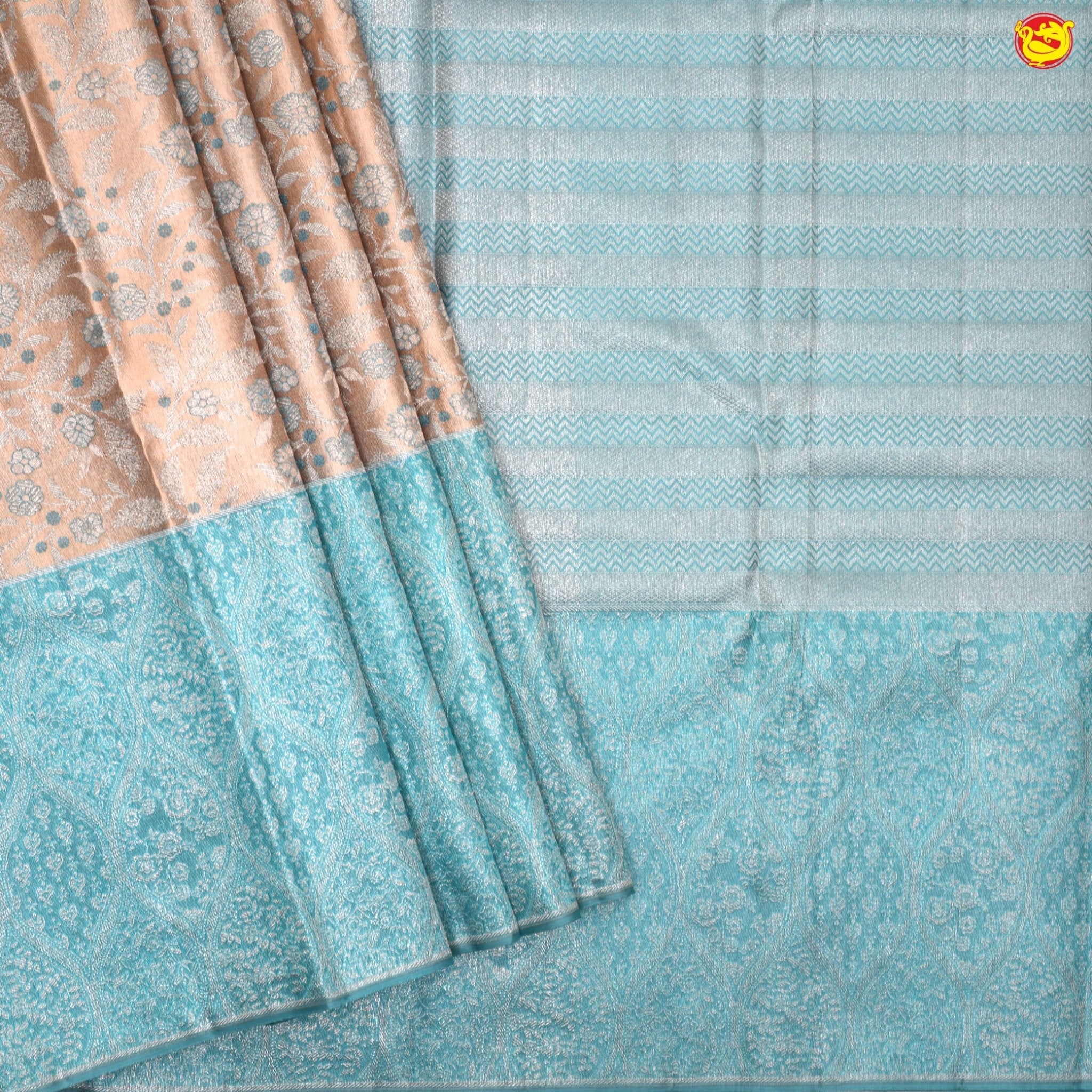 Wheat colour with baby blue border pure Kanchipuram silk saree