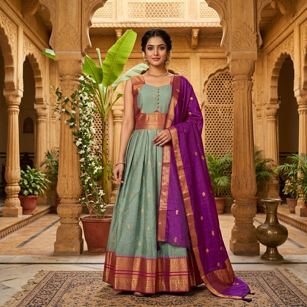 Light Green With Purple Trendy Ladies Ethnic Gowns