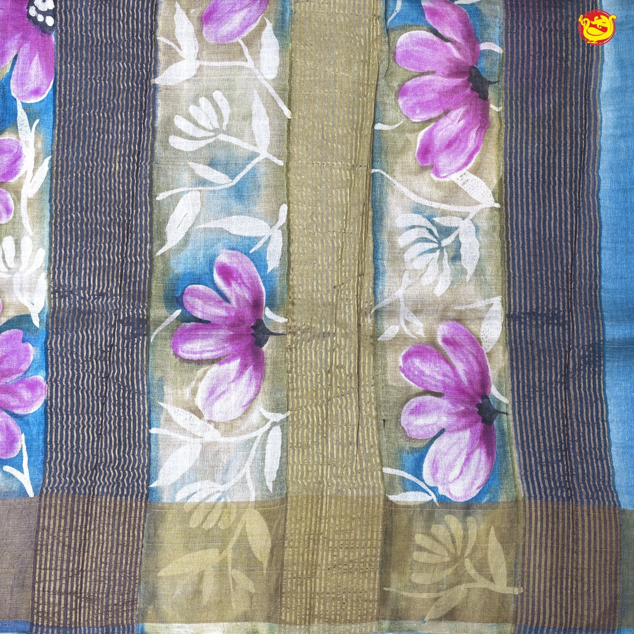 Pure Tussar Silk Saree Multi Colour and Dark Grey With Floral Design and Painted Prints and Zari Woven Border - Thenianantham