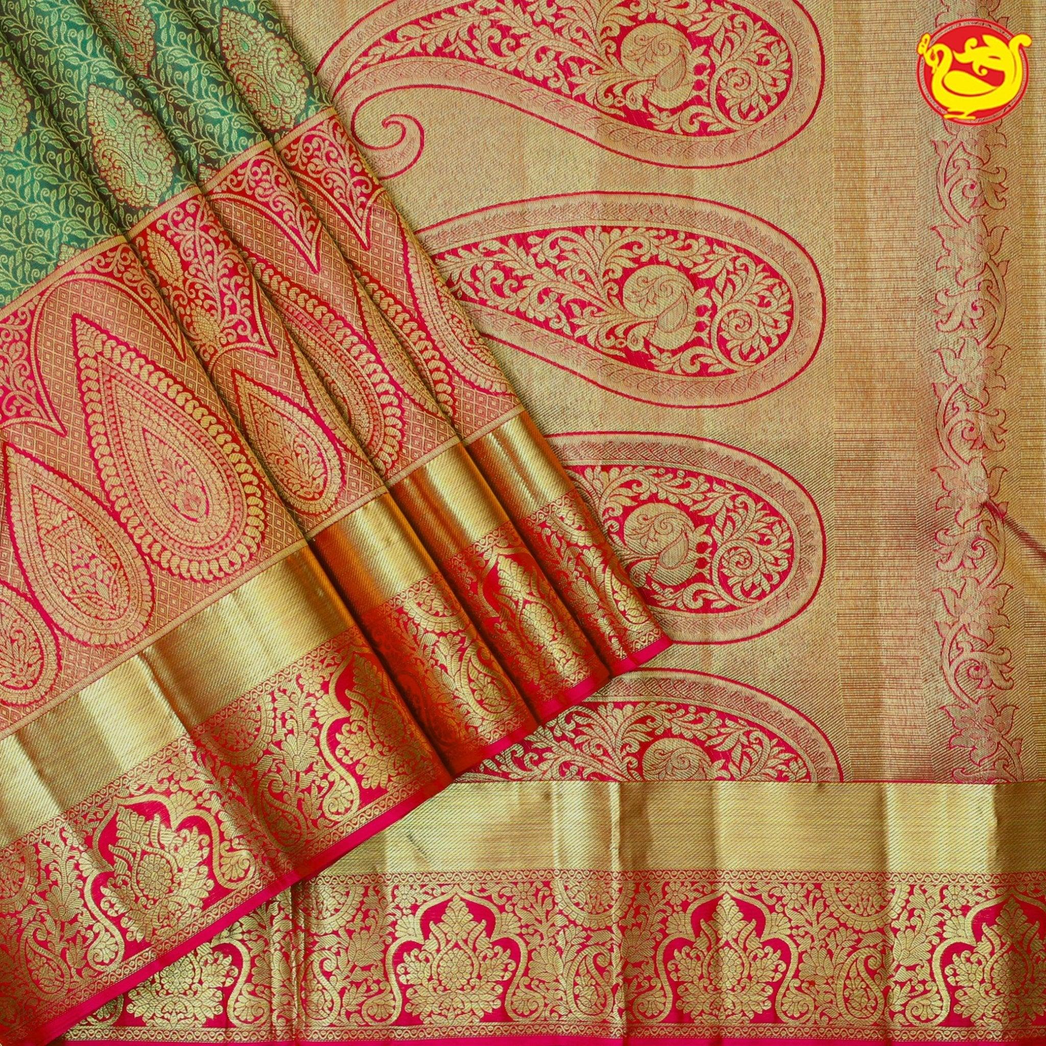 Moss Green With Rani Pink Floral Motifs Gold Zari Border Pure Kanjivaram Subhalaya Wedding Silk Saree - Thenianantham