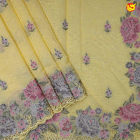 Yellow Pure Chanderi Silk With Floral Hand Embroidered Work Saree - Thenianantham