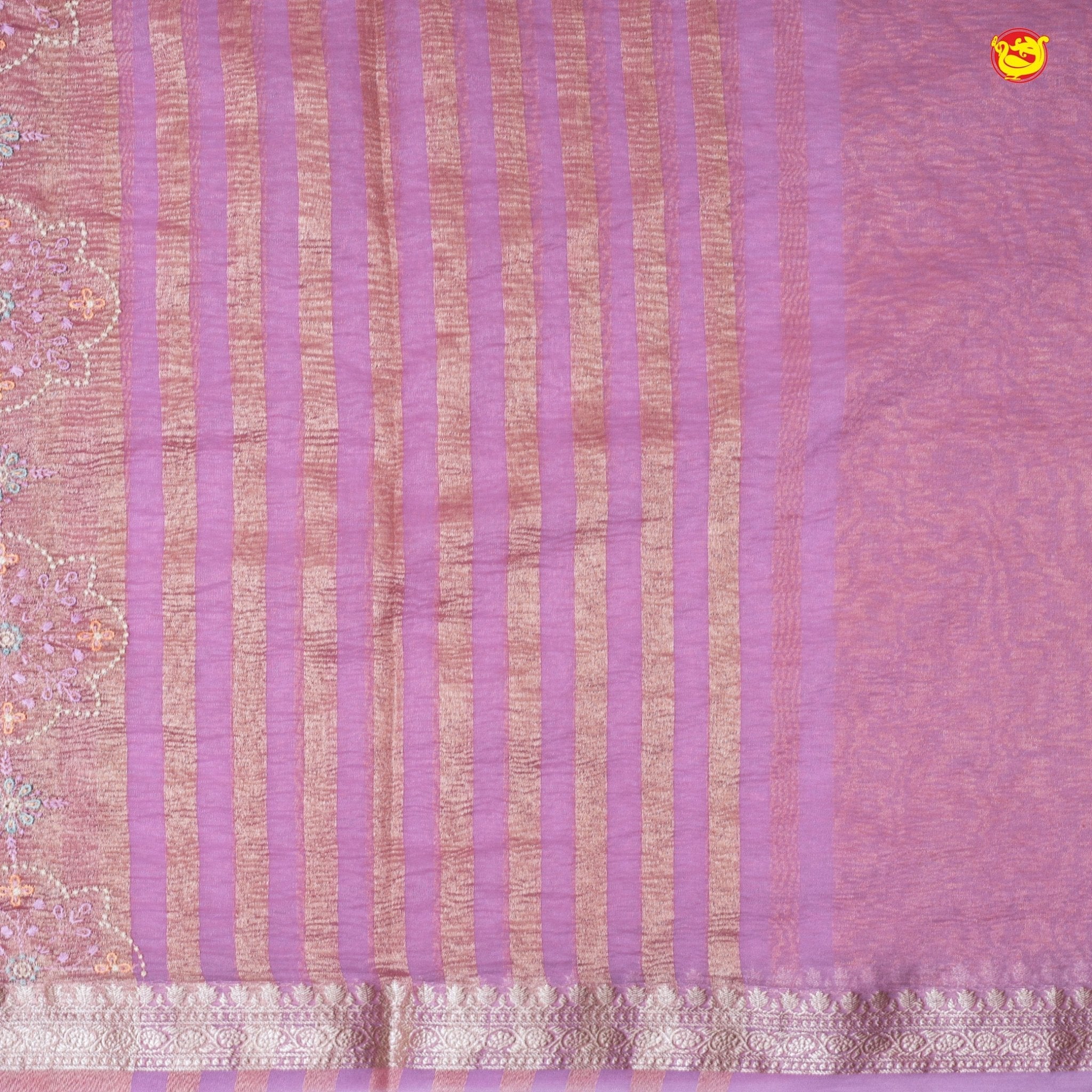 Pink and Gold Mixed With Gold Zari Border With Beads Handwork Floral Design Tissue Crush saree - Thenianantham