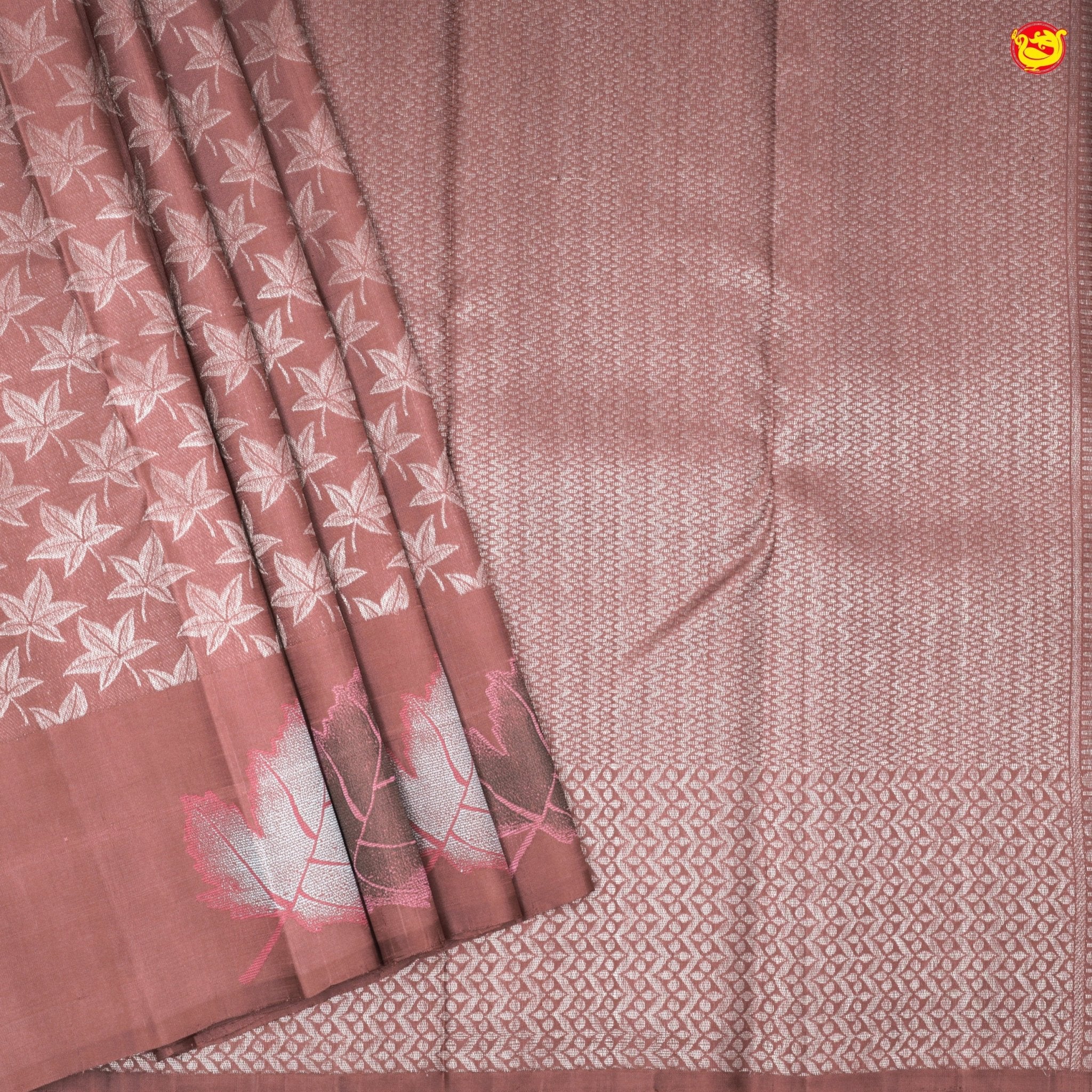 Red Wood With Silver Floral Leaf Motifs and Leaf Border Yuvana Pure Soft Silk Saree