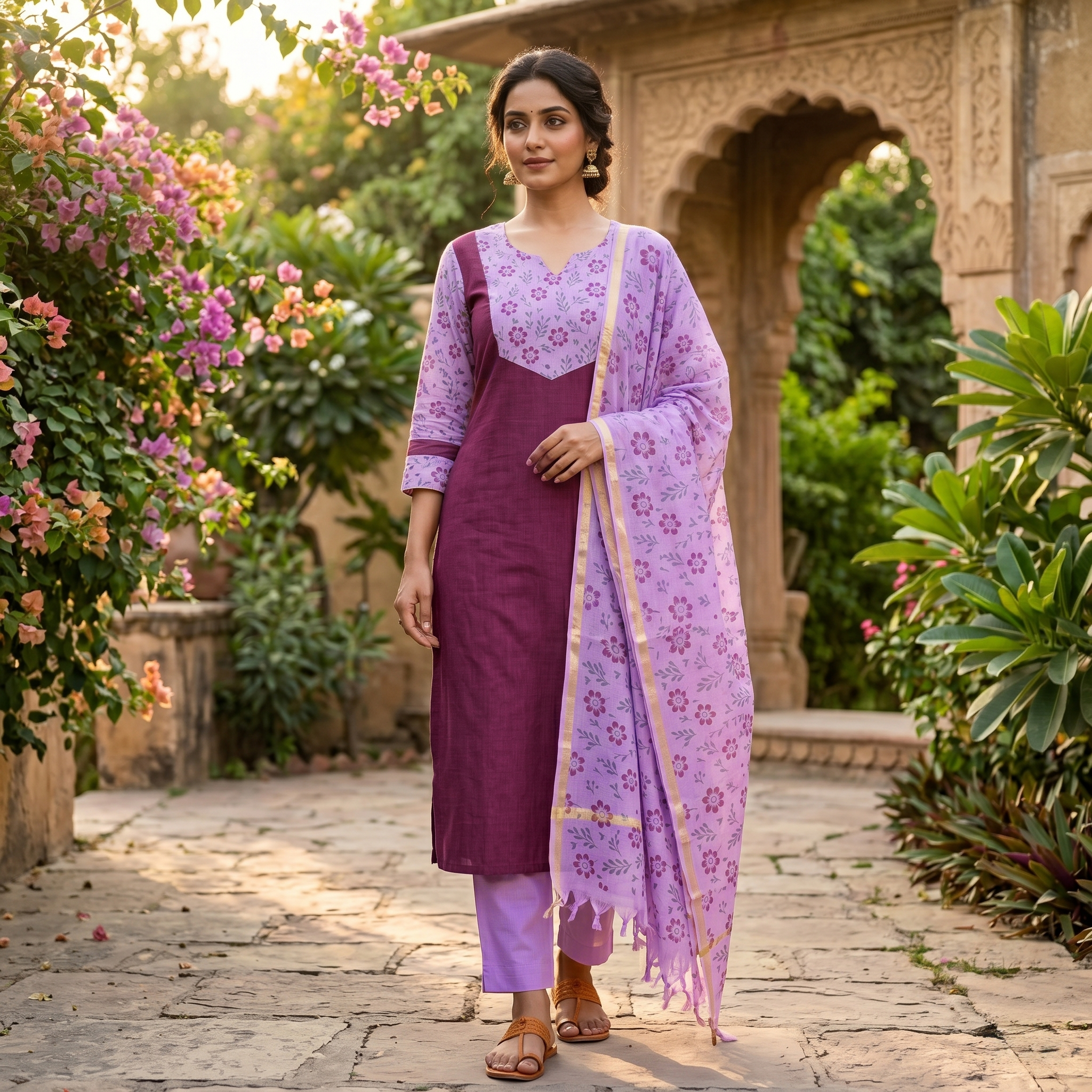 Dark Purple With Lavender Cotton Ladies Chudithar Material