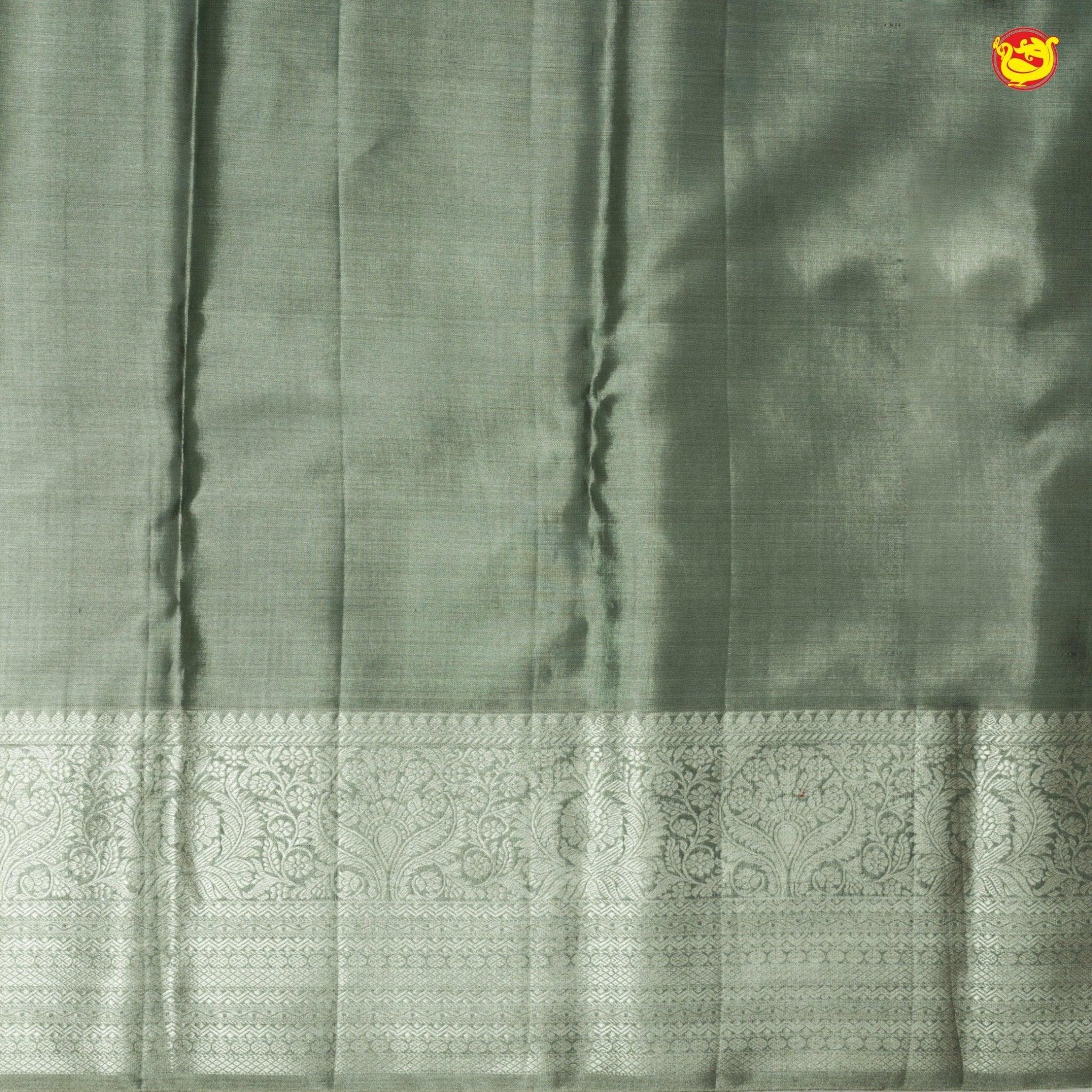 Silver With Bottle Green Floral Motifs Silver Zari Border Pure Kanjivaram Subhalaya Wedding Silk Saree - Thenianantham