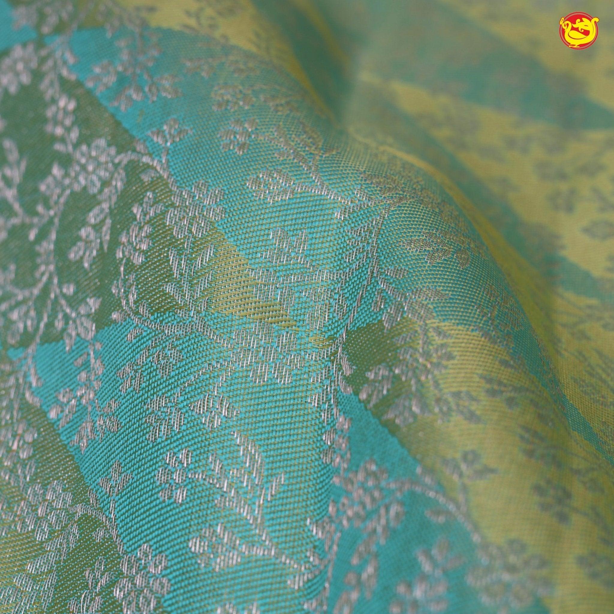 Yellow And Pista Green With Sea Blue Geometry Pattern Silver Zari Zig Zag Motifs Silver Zari Border Pure Kanjivaram Subhalaya Wedding Silk Saree - Thenianantham