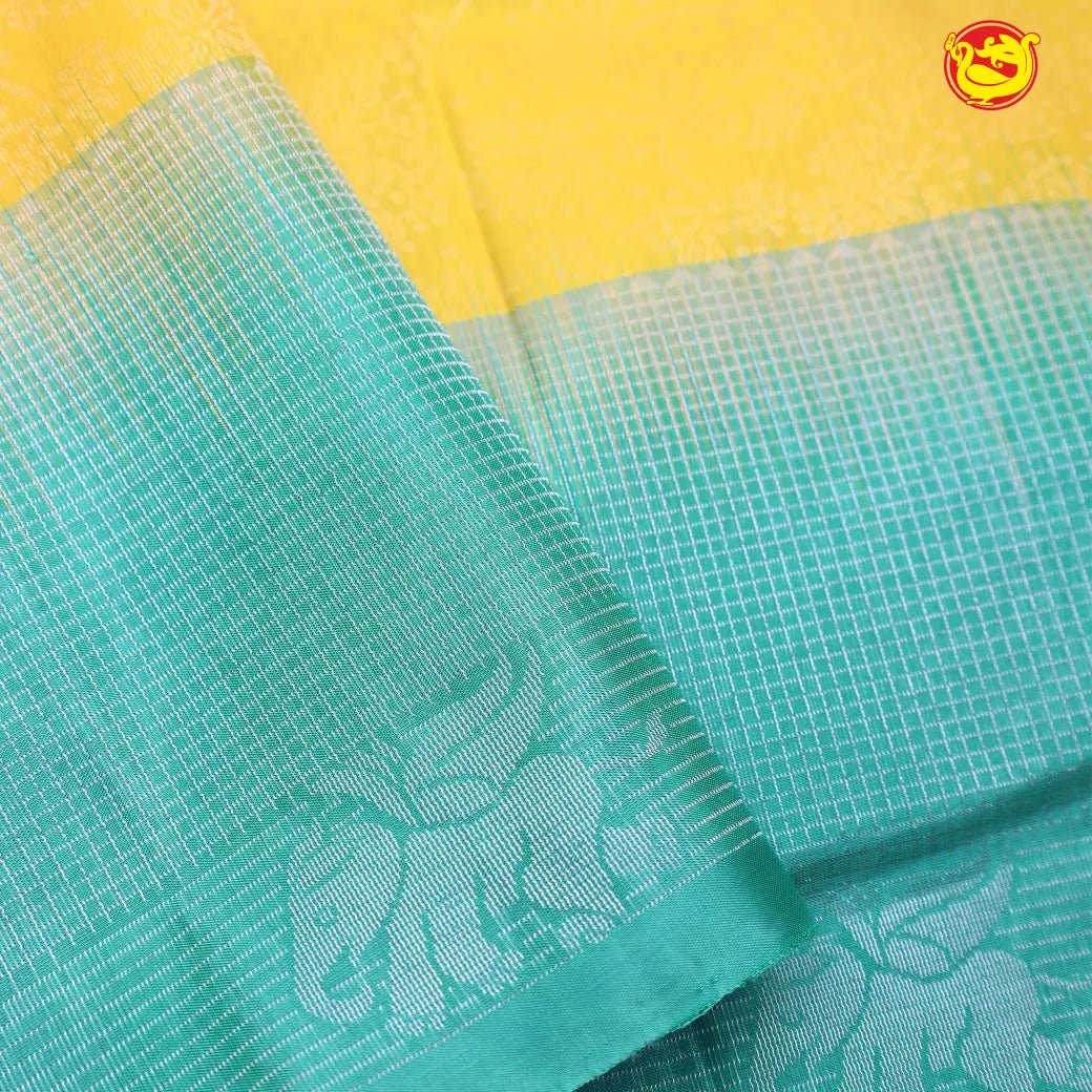 Yellow and turquoise blue pure soft silk saree - Thenianantham