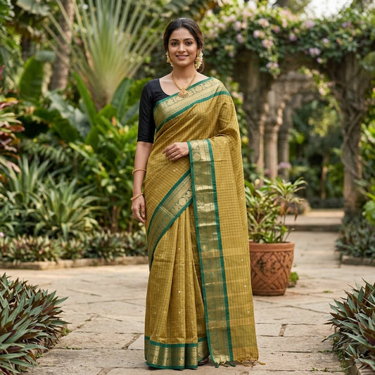 Olive Green With Bottle Green Contrast Border Checked  Pure Cotton Saree