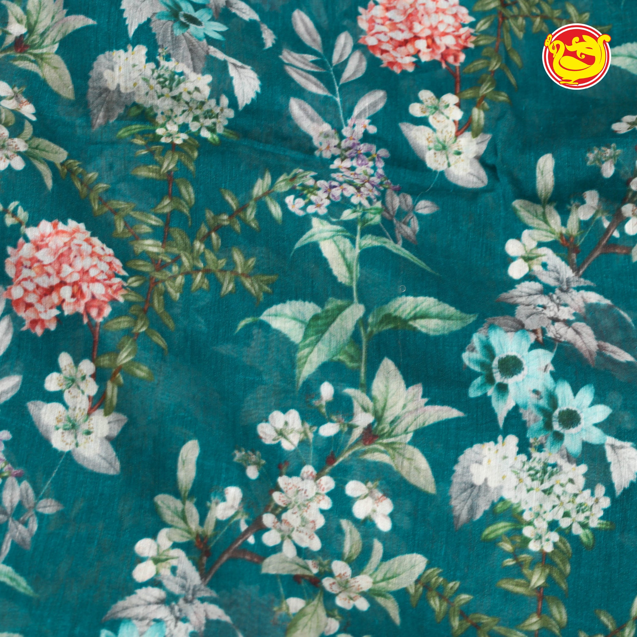 Blue linen silk saree with floral digital prints