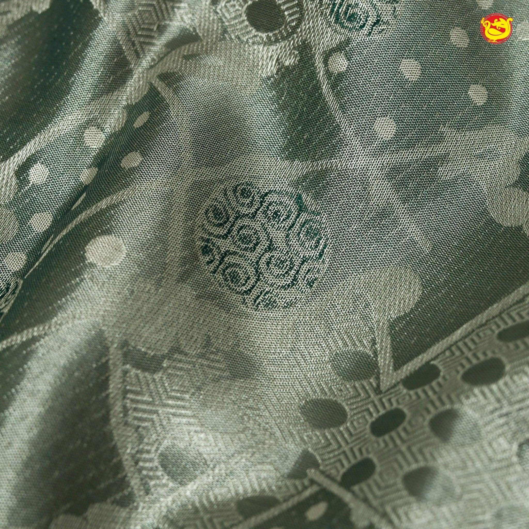 Silver With Bottle Green Floral Motifs Silver Zari Border Pure Kanjivaram Subhalaya Wedding Silk Saree - Thenianantham