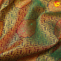 Moss Green With Rani Pink Floral Motifs Gold Zari Border Pure Kanjivaram Subhalaya Wedding Silk Saree - Thenianantham