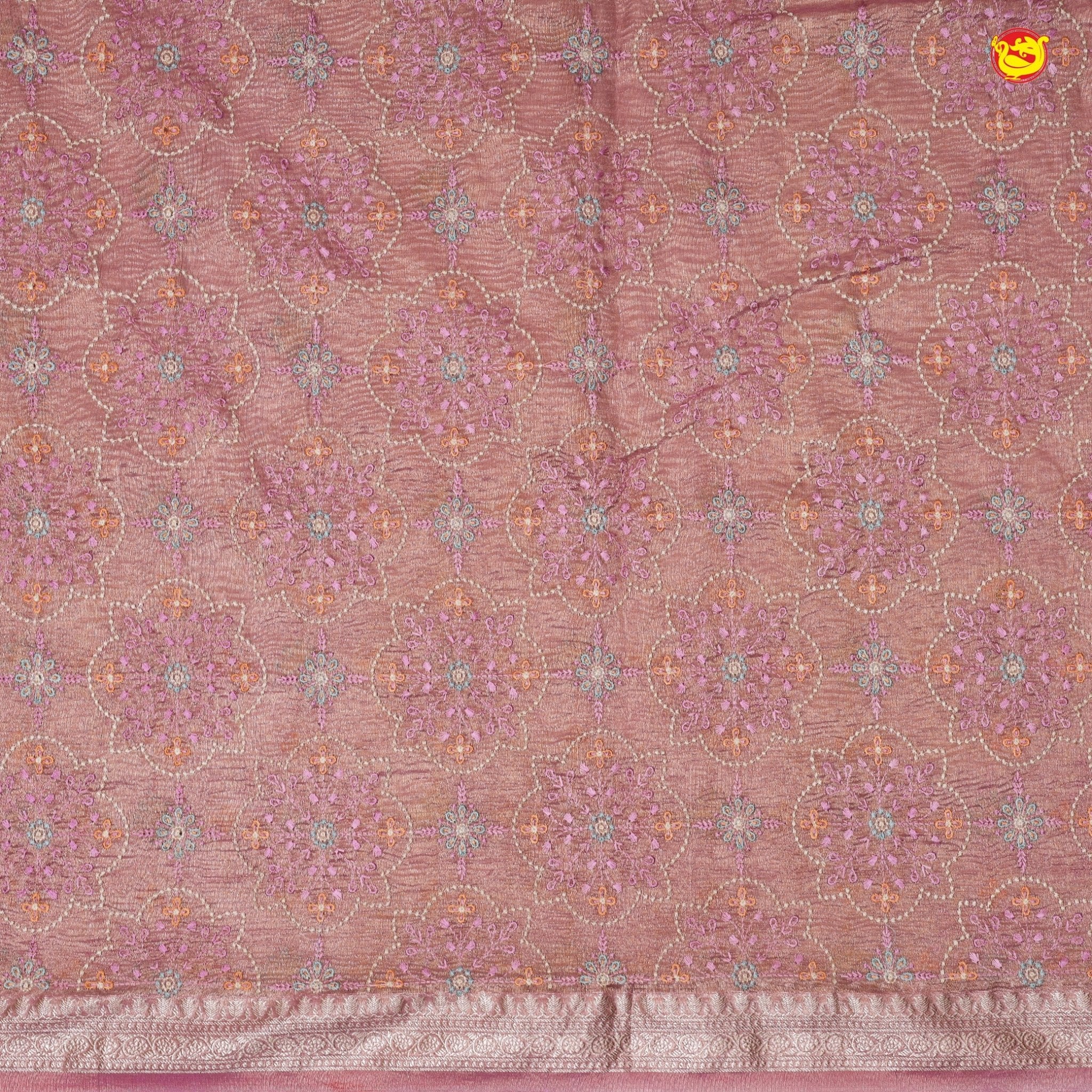 Pink and Gold Mixed With Gold Zari Border With Beads Handwork Floral Design Tissue Crush saree - Thenianantham