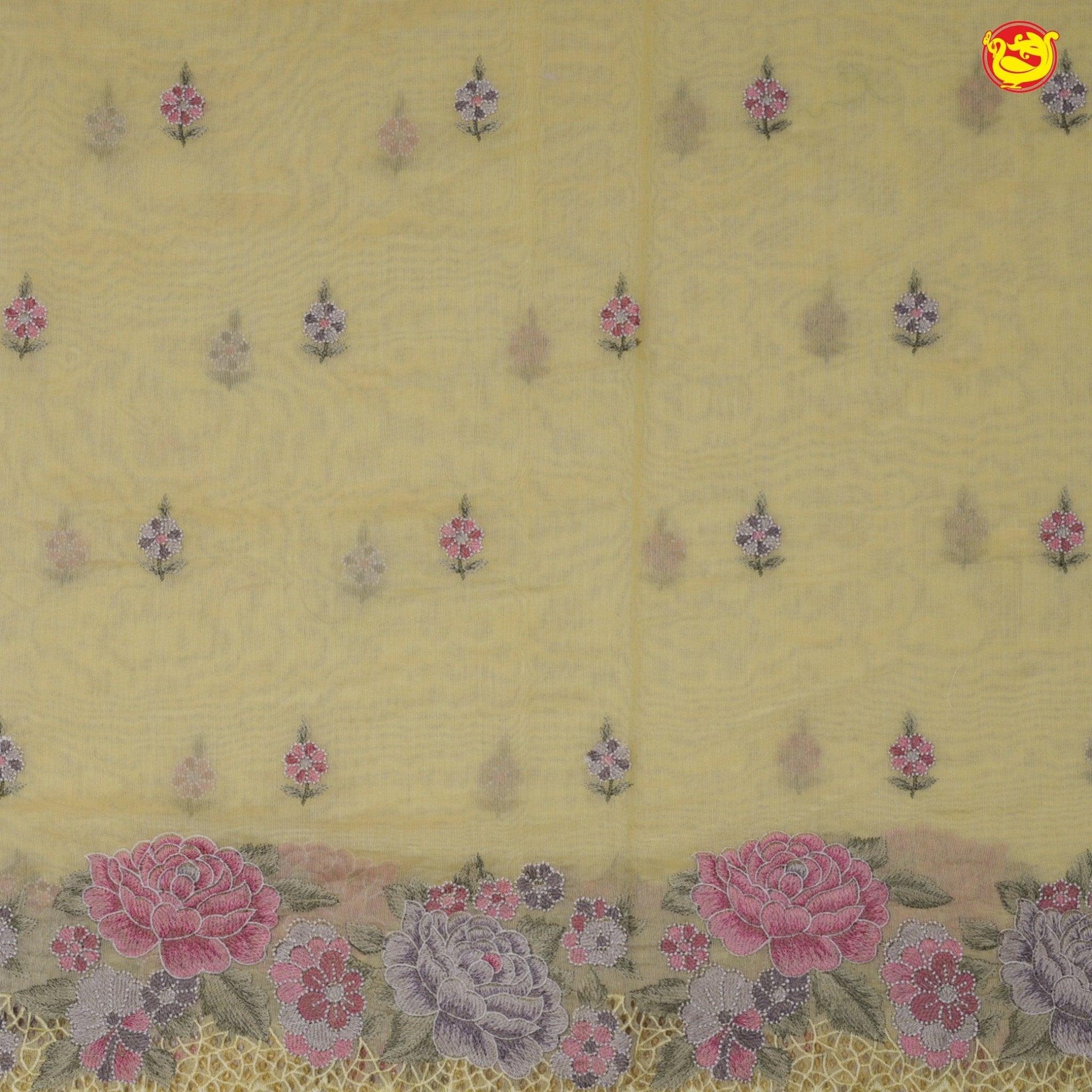 Yellow Pure Chanderi Silk With Floral Hand Embroidered Work Saree - Thenianantham