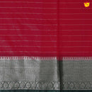 Tomato Pink With Bottle Green Stripes Design Semi Silk Blend Saree With Double Blouse Concept