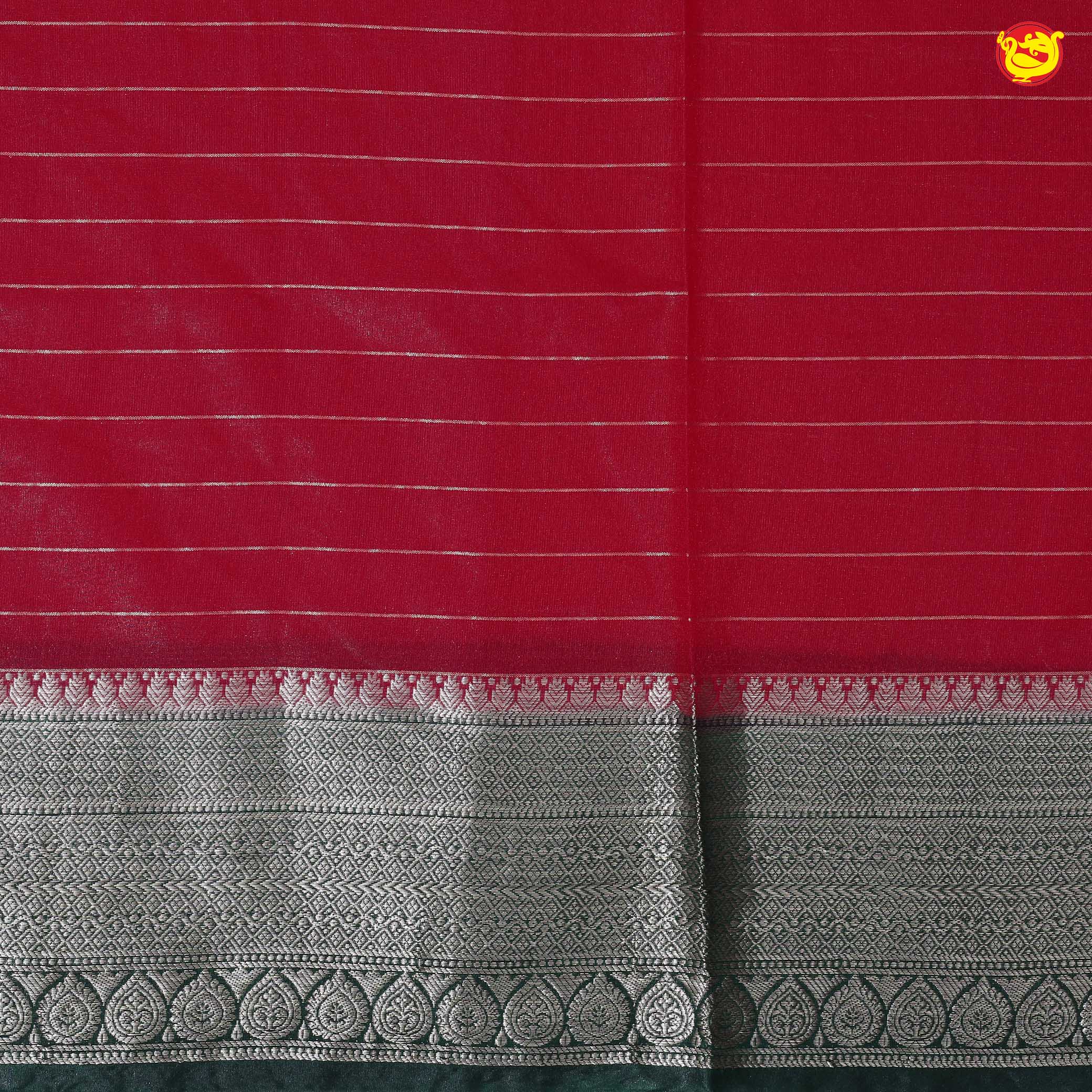 Tomato Pink With Bottle Green Stripes Design Semi Silk Blend Saree With Double Blouse Concept