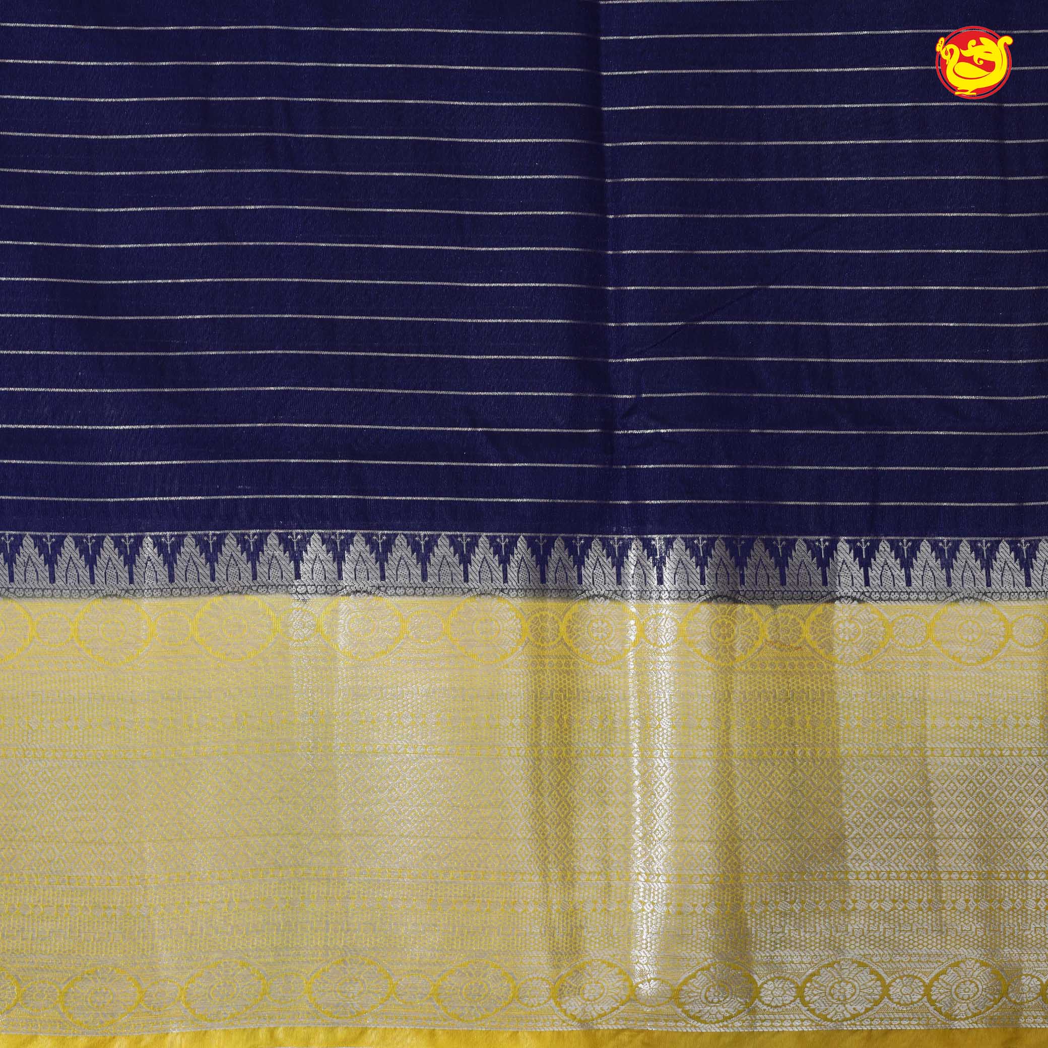 Navy Blue With Mustard Yellow Stripes Design Semi Silk Blend Saree With Double Blouse Concept