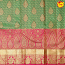 Moss Green With Rani Pink Floral Motifs Gold Zari Border Pure Kanjivaram Subhalaya Wedding Silk Saree - Thenianantham