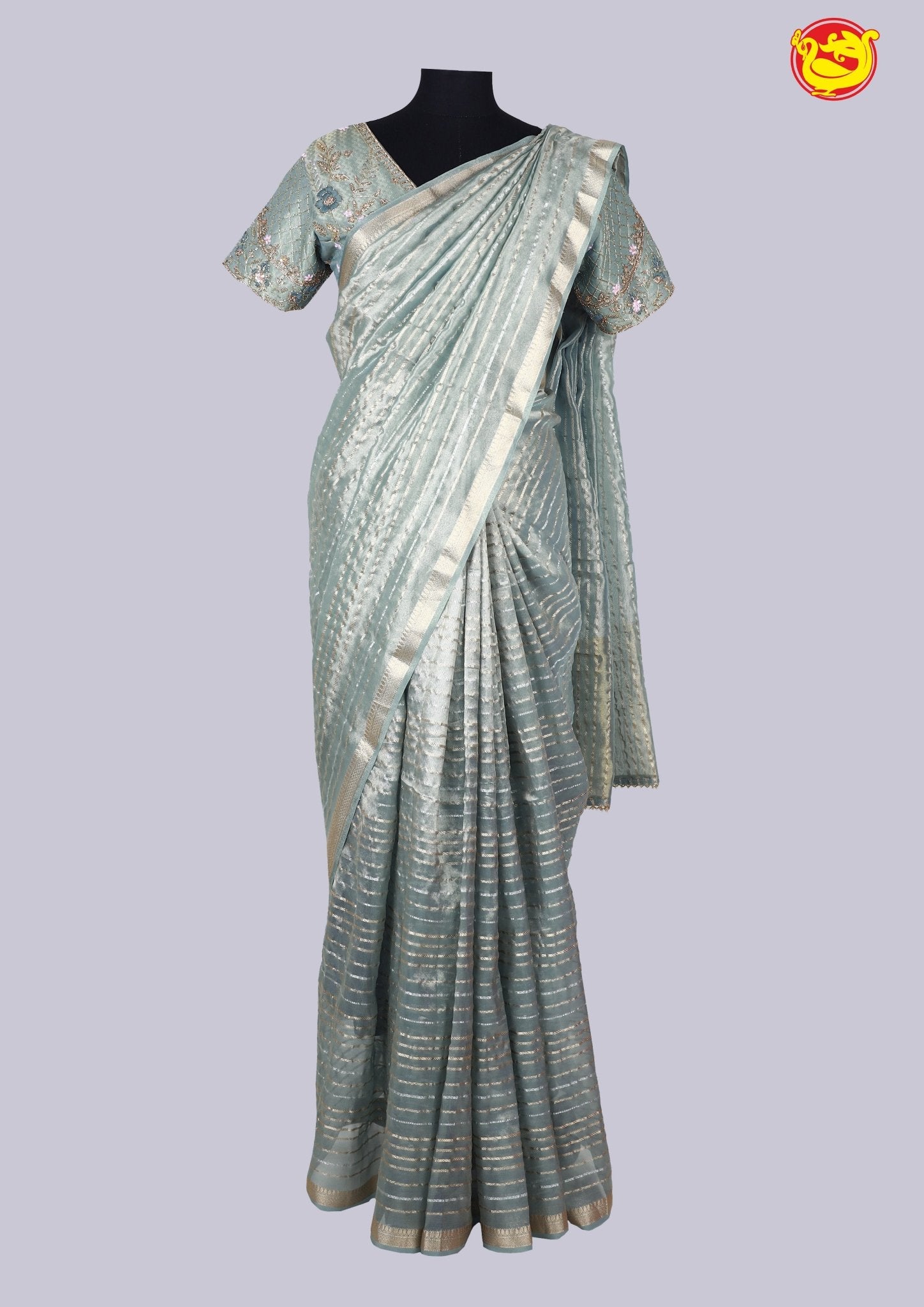 Light Sky Blue Stripes Designs and Tissue Crush Designer Saree with Readymade Designer HandWork Blouse