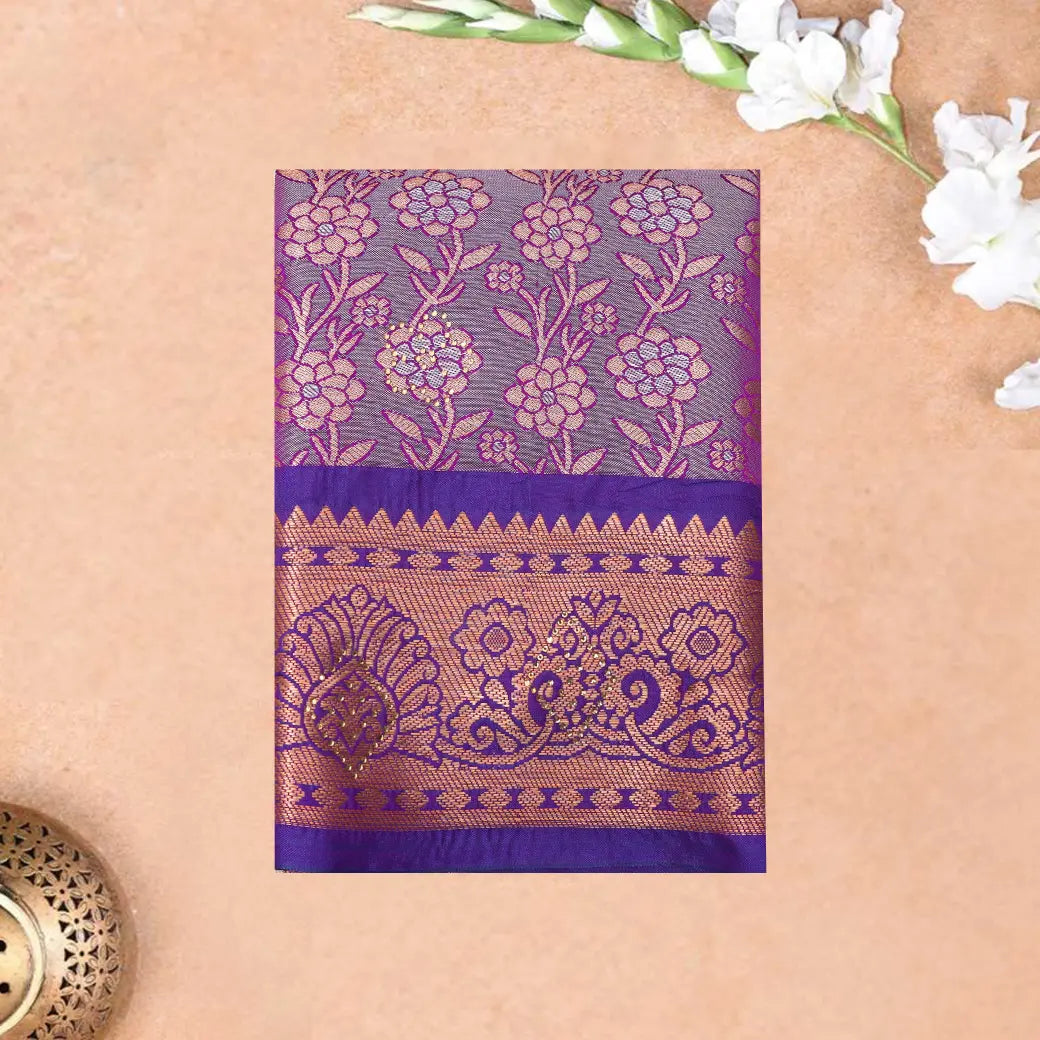 Magenta With Purple Border Floral Design Traditional  Pattu Pavadai Material