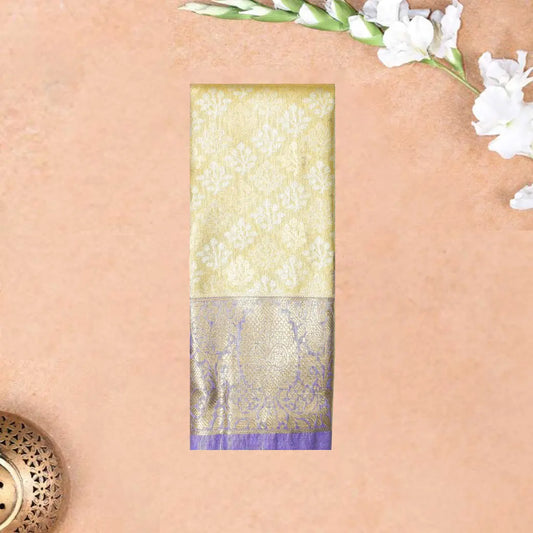 Gold  With Lavender Border Floral Design Traditional  Pattu Pavadai Material