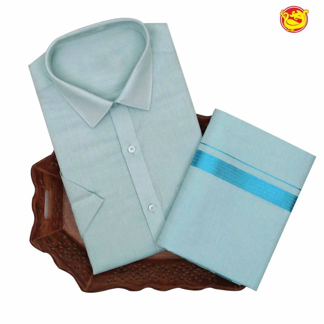 Baby blue tissue cotton flexi fit dhoti and readymade shirt set