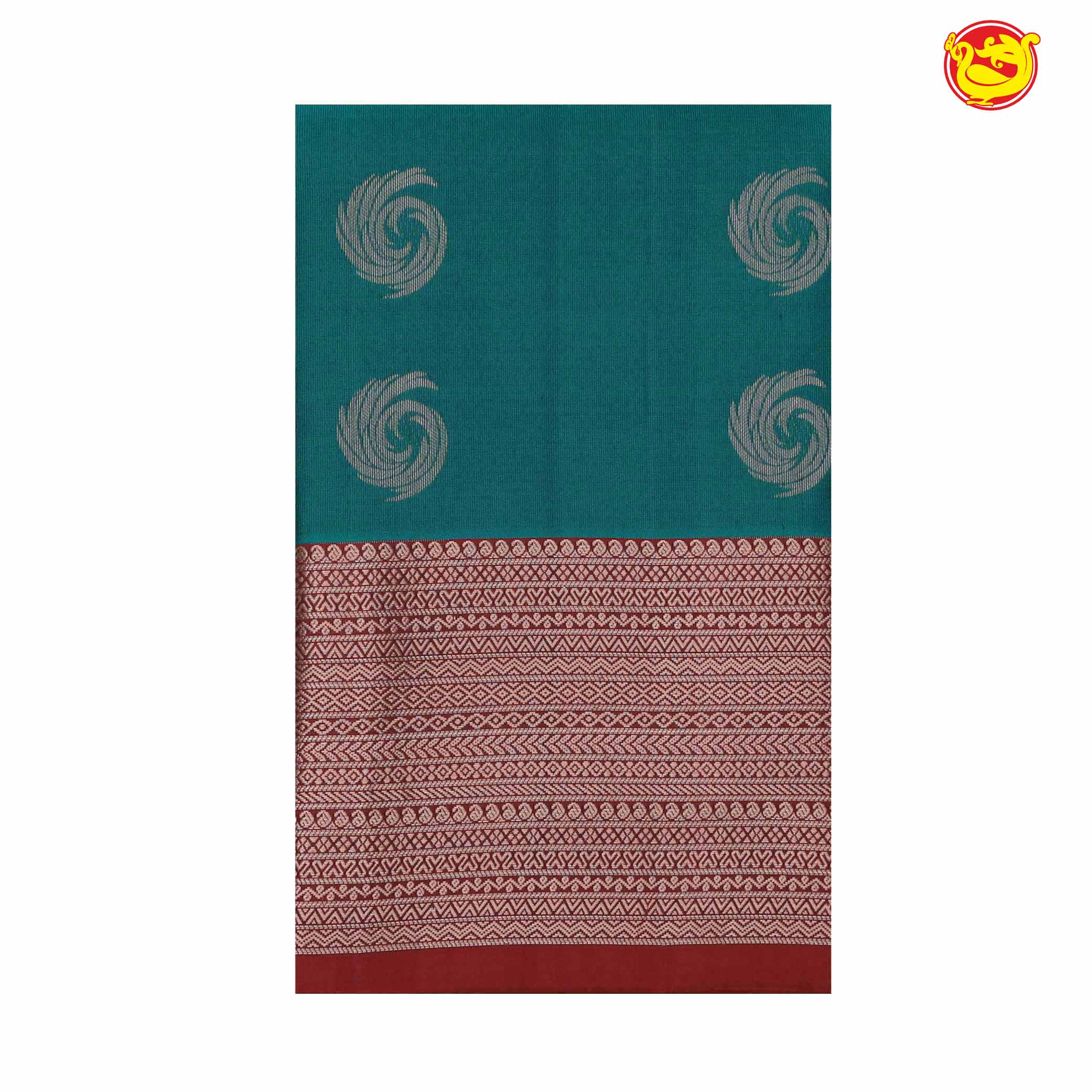 Peacock green with maroon soft silk saree with buttas