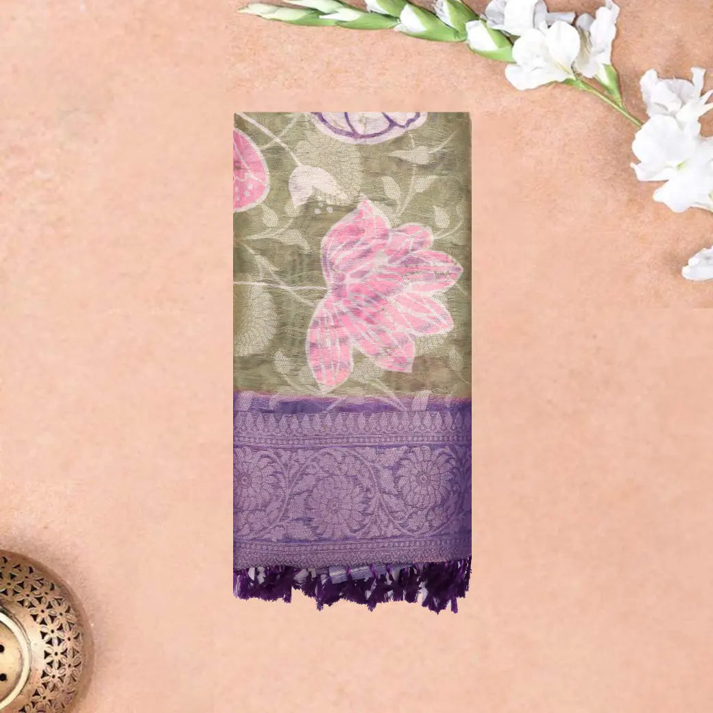 Lime Green with Purple Semi Burberry Silk Saree