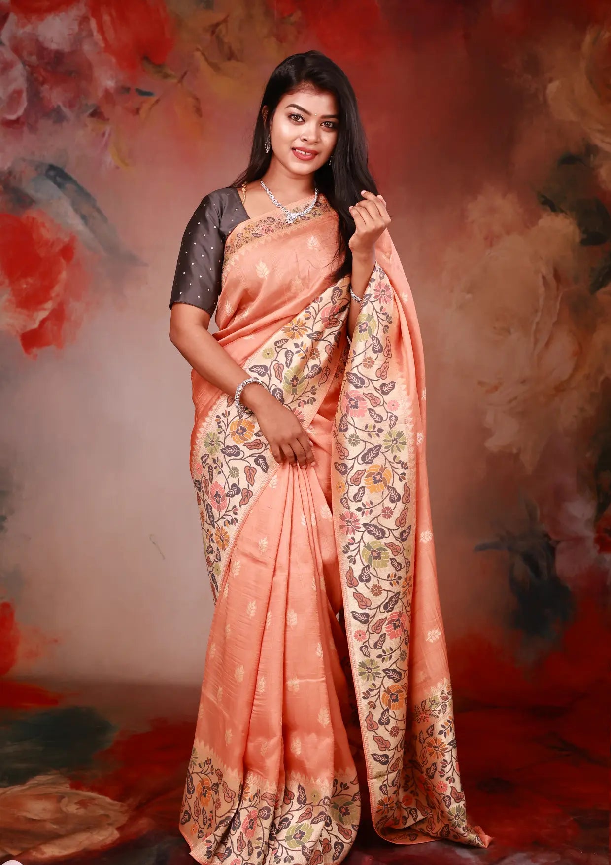 Peach  Colour Semi Dupion Saree
