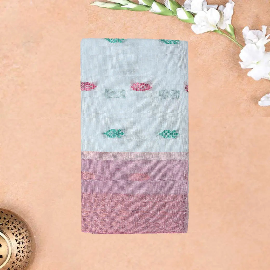 off-white with Pink Traditional Buttas Venkatagiri Pure Cotton Saree