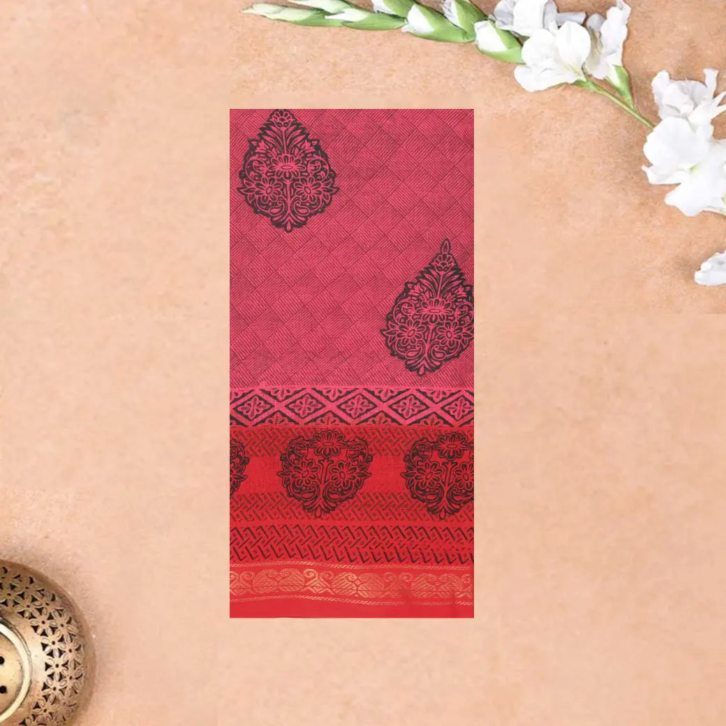 Pink with Red  Mul Mul Cotton Saree without Blouse