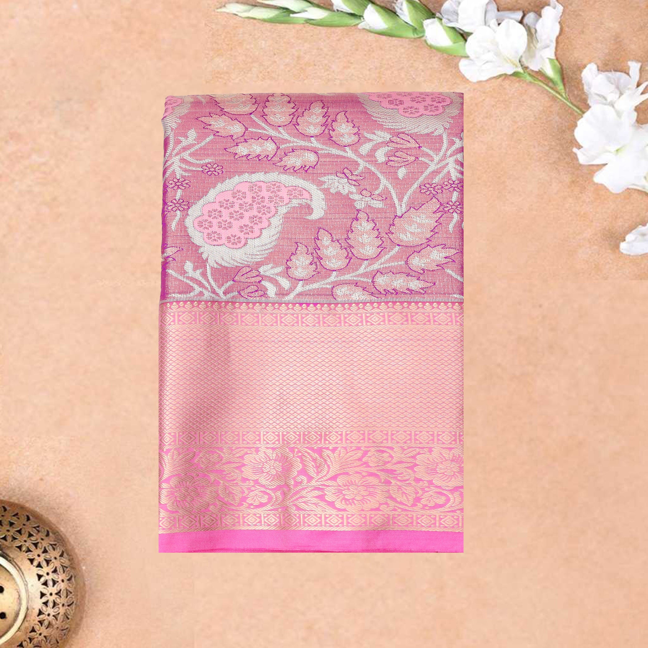 Peach Pink Art Pattu Pavadai Material
