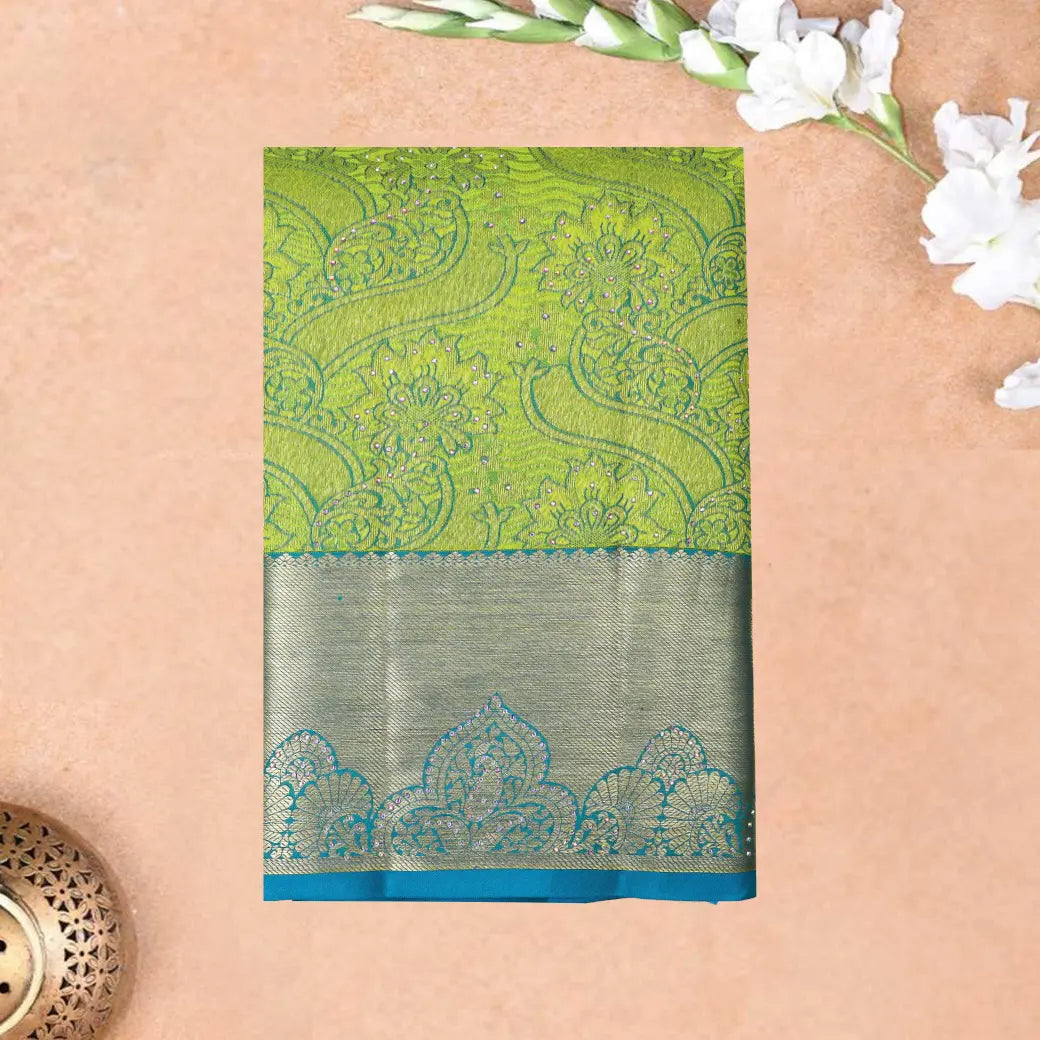 Green  with Blue Gold Zari Border Wedding Silk Saree