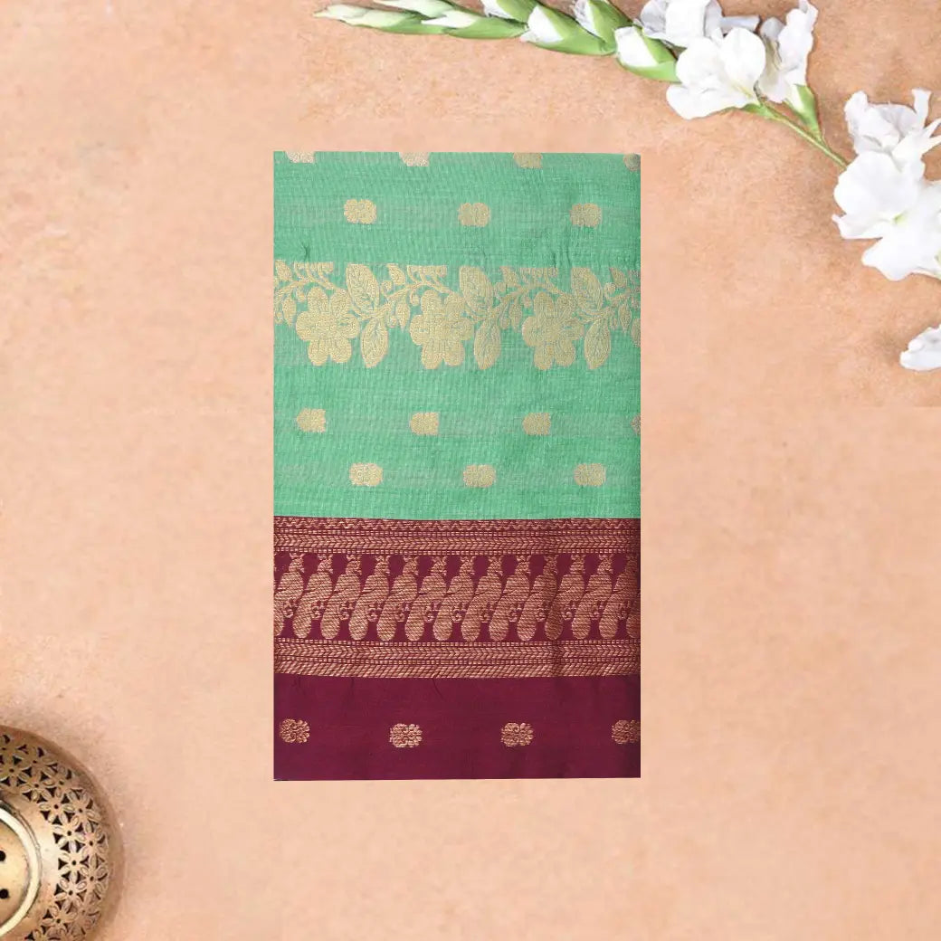 Light Green  With  Maroon Premium Quality Kalyani Cotton Saree