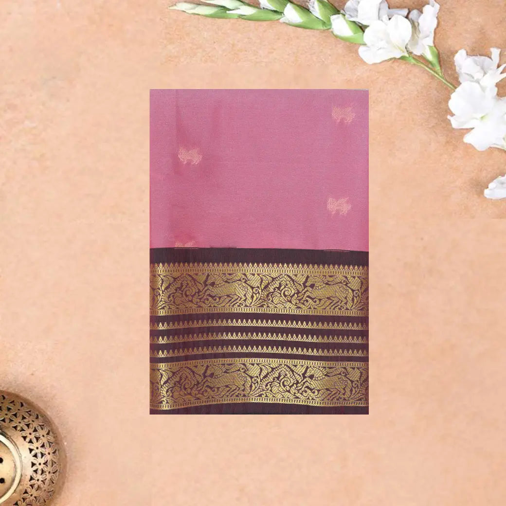 Pink With Coffee Brown Copper Zari Border Soft Silk Saree