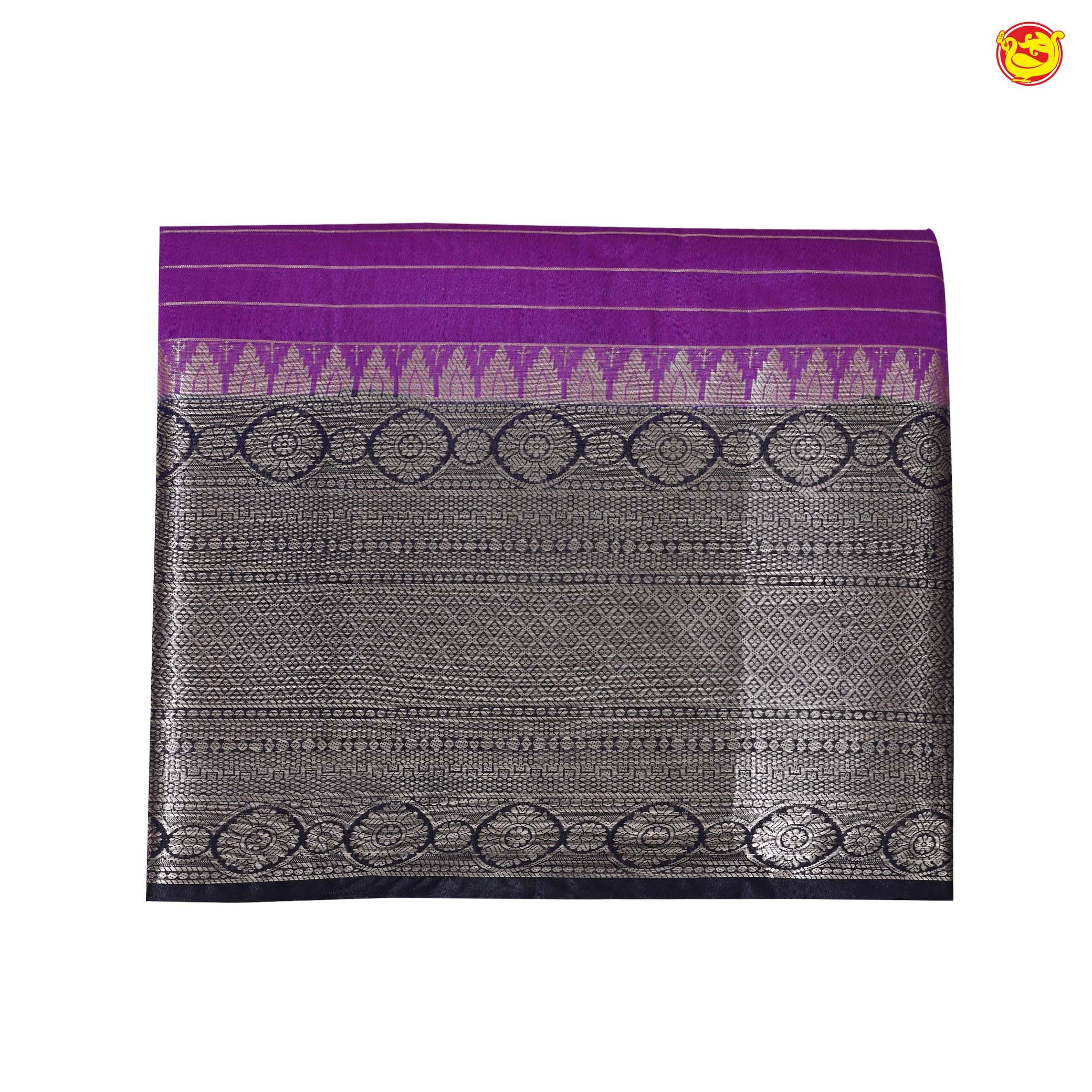 Violet With Navy Blue Stripes Design Semi Silk Blend Saree With Double Blouse Concept