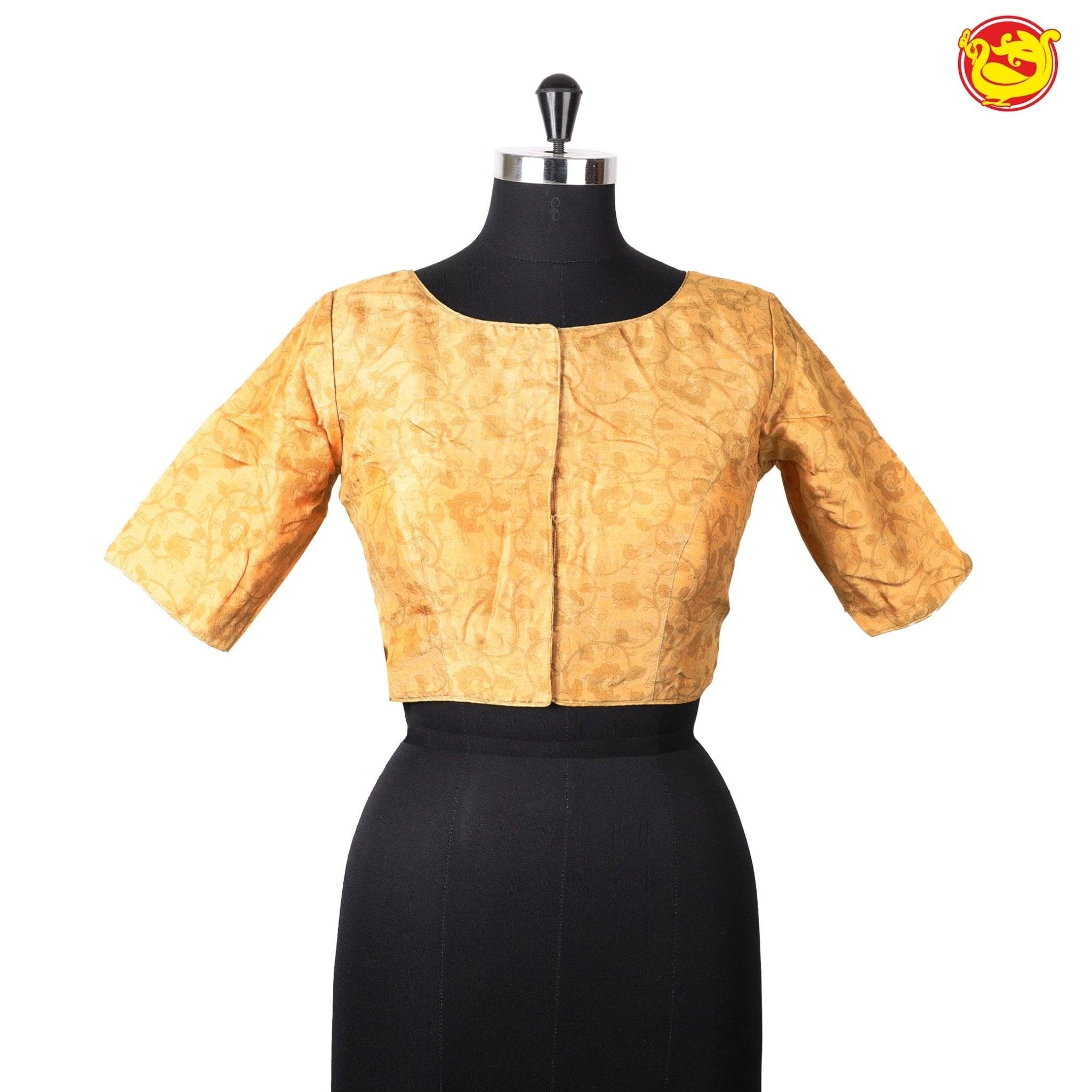 Gold Peacock With Floral Design Zari Hand Work Pure Cotton Ready made Blouse - Thenianantham