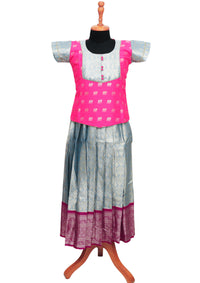 Pink With  sky Blue Girls Branded Readymade Pattu Pavadai