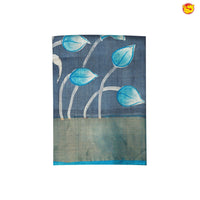 Pure Tussar Silk Saree Aegean Blue and Peacock Green With Floral Design and Painted Prints and Zari Woven Border - Thenianantham