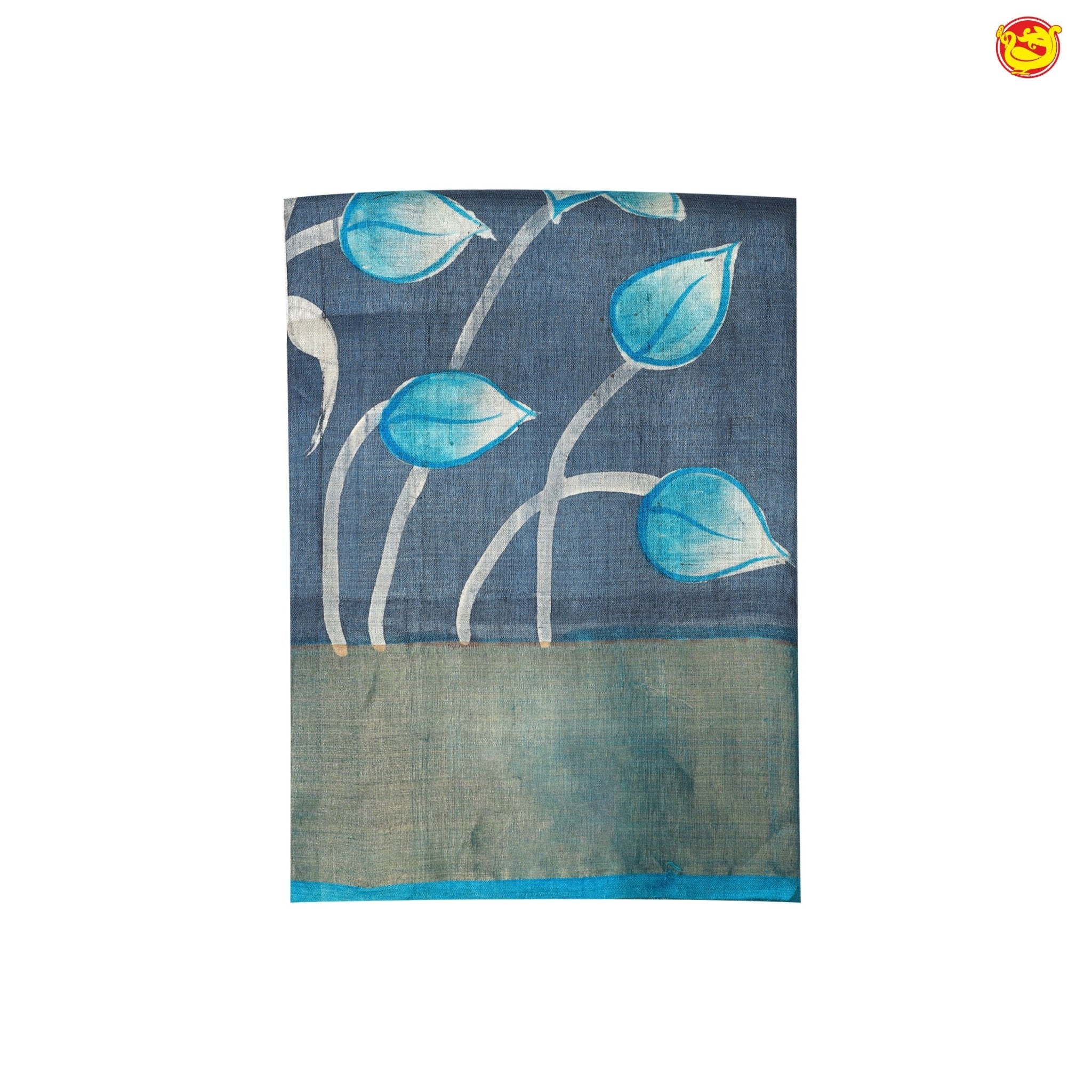 Pure Tussar Silk Saree Aegean Blue and Peacock Green With Floral Design and Painted Prints and Zari Woven Border