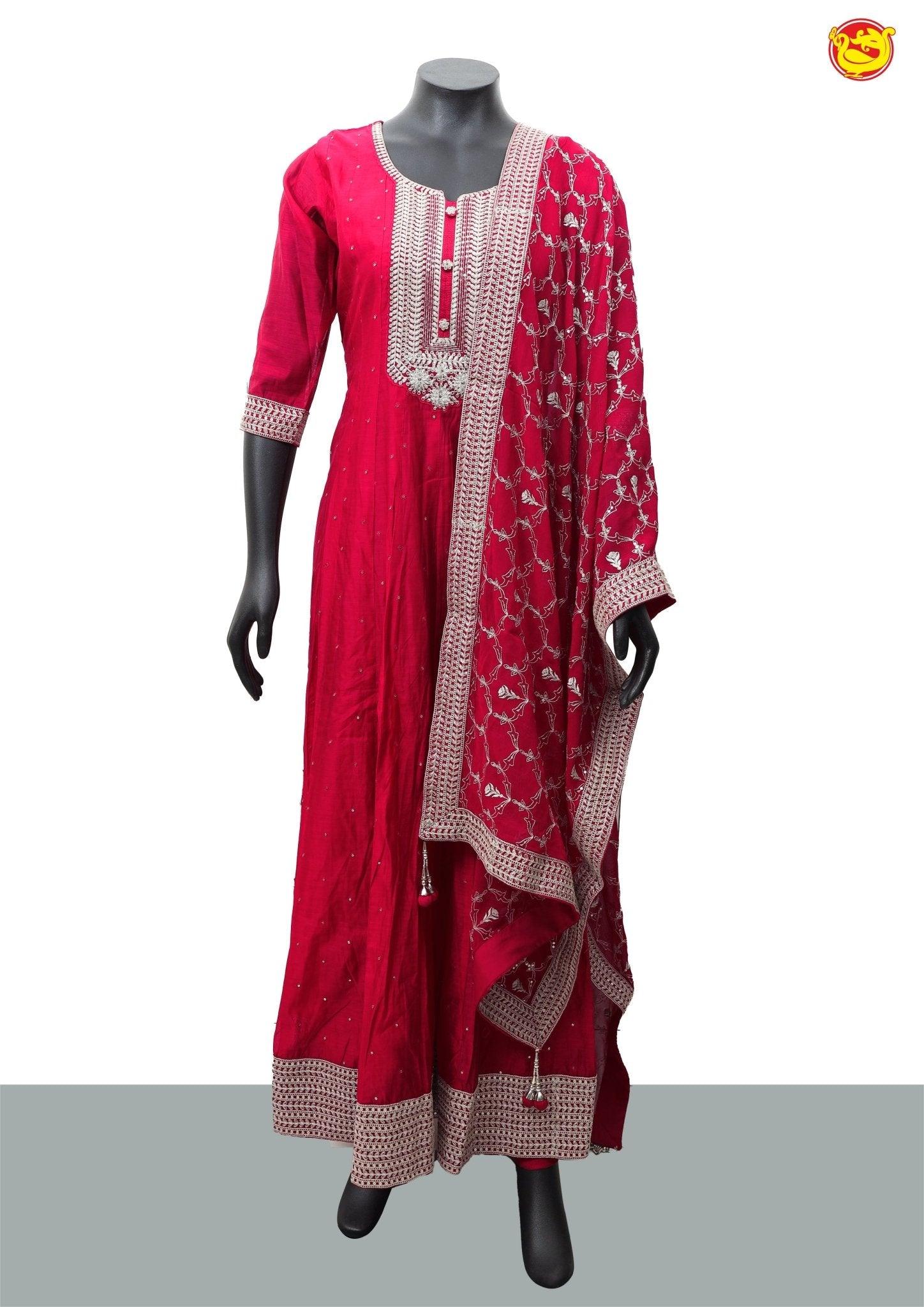 Magenta Pink Cotton Silk Salwar Suit With Embroidered, Thread and Zari Work