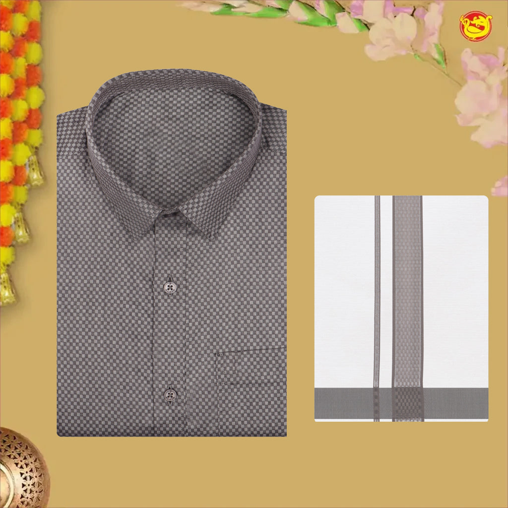 Brown With White Dhoti Readymade Small Checked Shirt And Matching Border Dhoti Set for Men