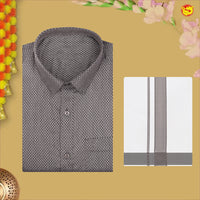 Brown With White Dhoti Readymade Small Checked Shirt And Matching Border Dhoti Set for Men