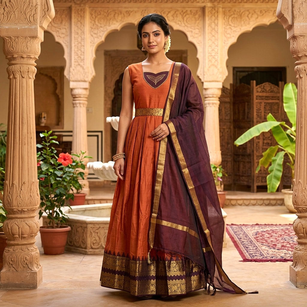 Rust Orange With Maroon Trendy Ladies Ethnic Gowns
