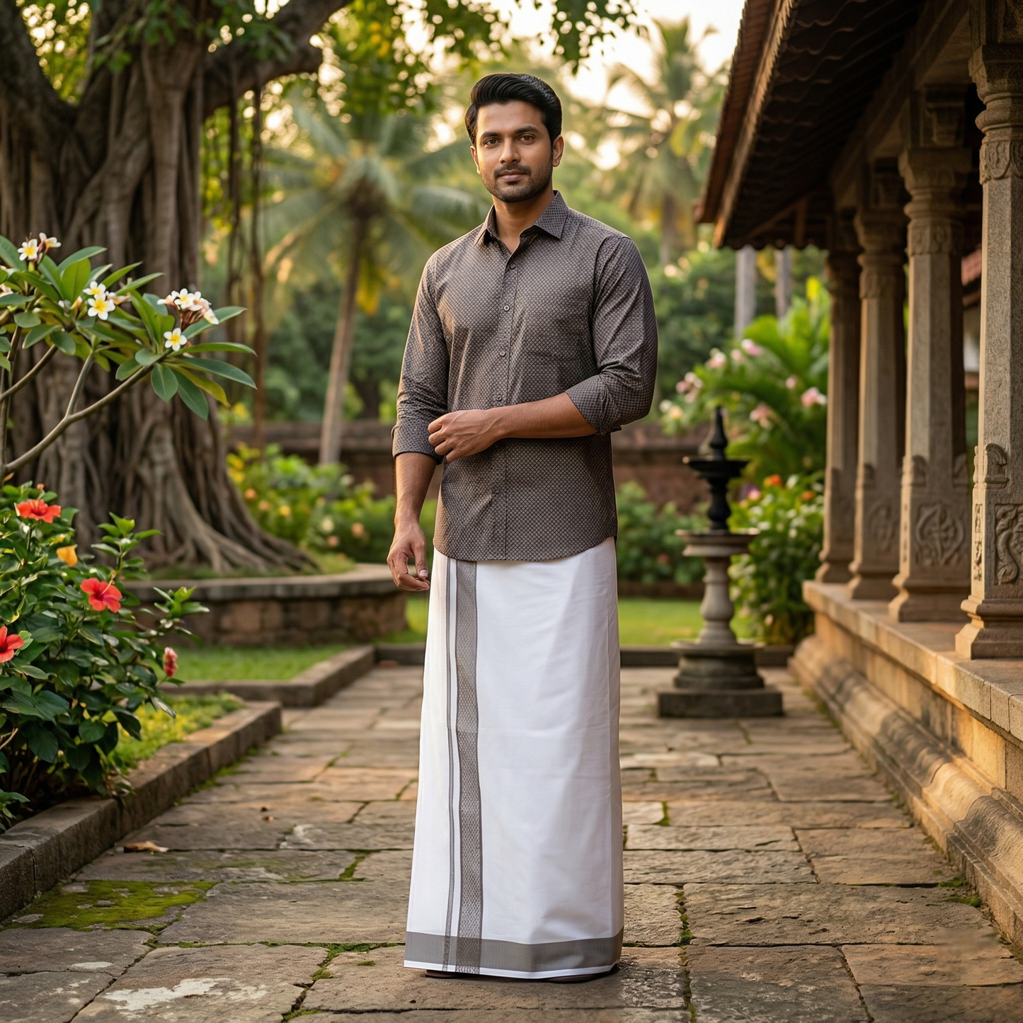 Brown With White Dhoti Readymade Small Checked Shirt And Matching Border Dhoti Set for Men