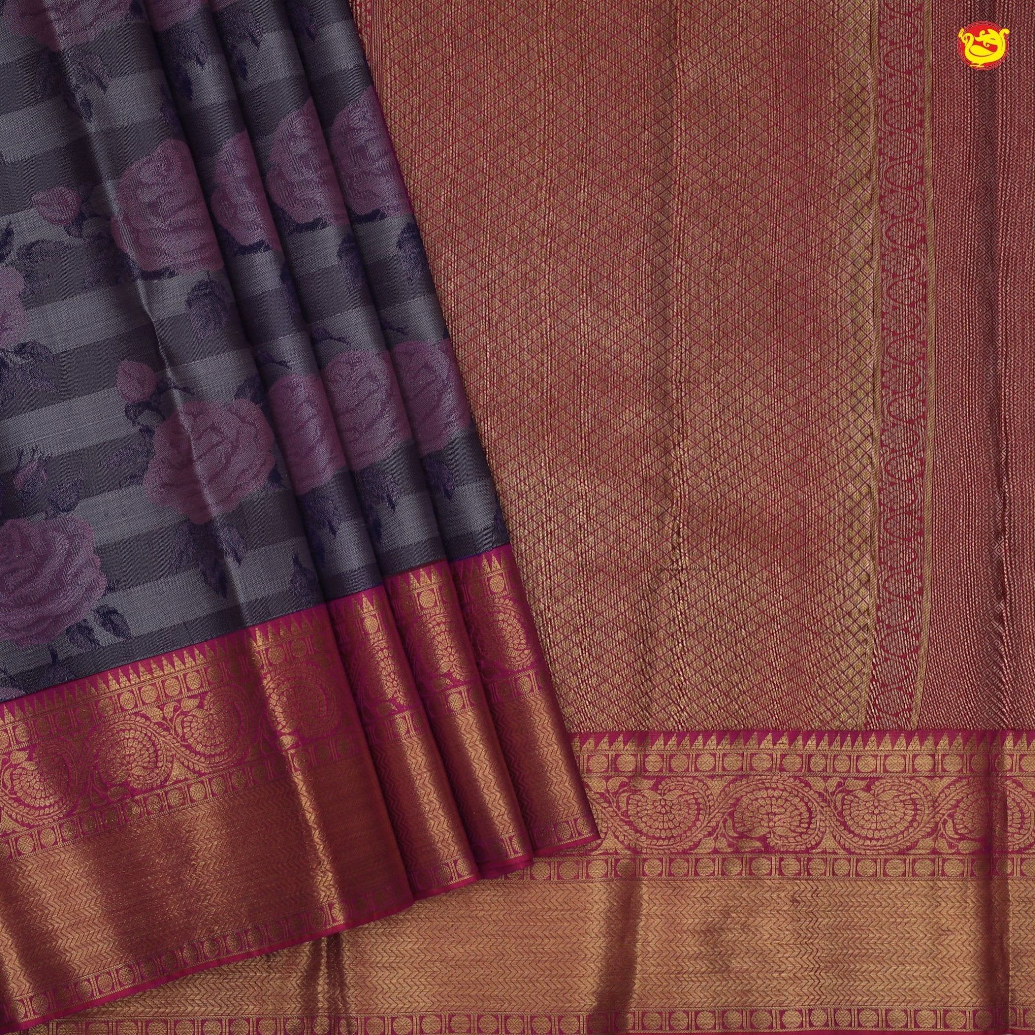 Bluish grey with magenta pink designer silk saree - Thenianantham