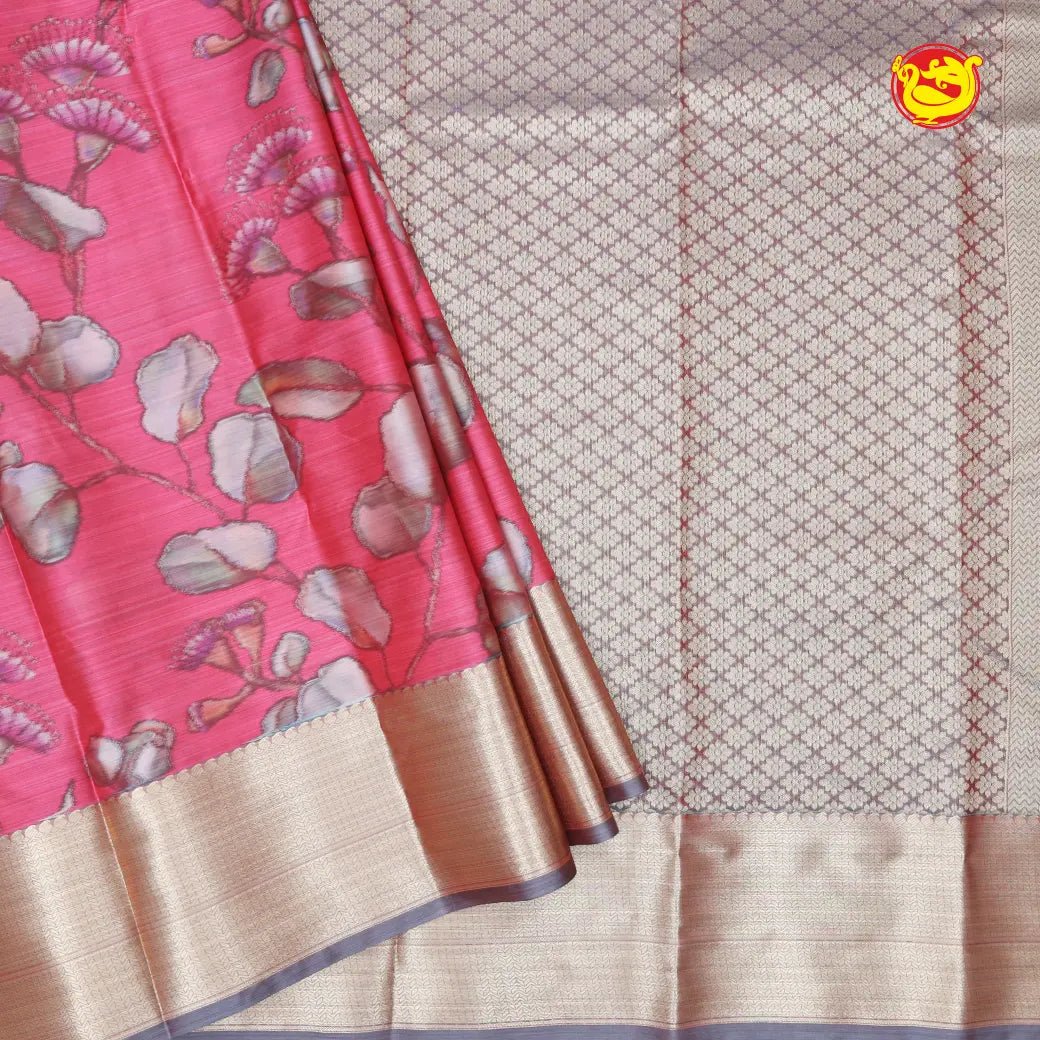 Pink With Light Gray Digital Print Soft Silk Saree