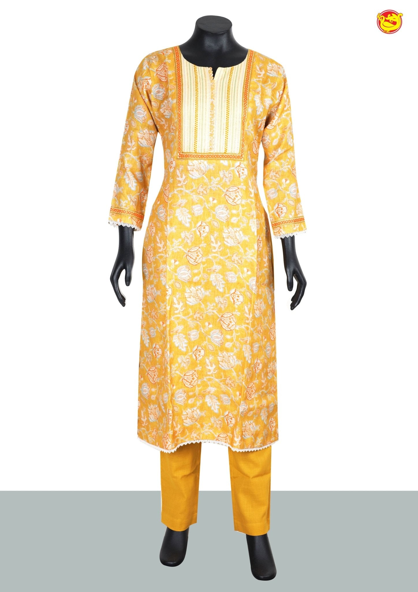 Mustard Yellow and Cream Floral Digital Print With Embroidery Ladies Branded Readymade Straight Cut Chudi Set