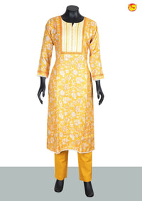 Mustard Yellow and Cream Floral Digital Print With Embroidery Ladies Branded Readymade Straight Cut Chudi Set - Thenianantham