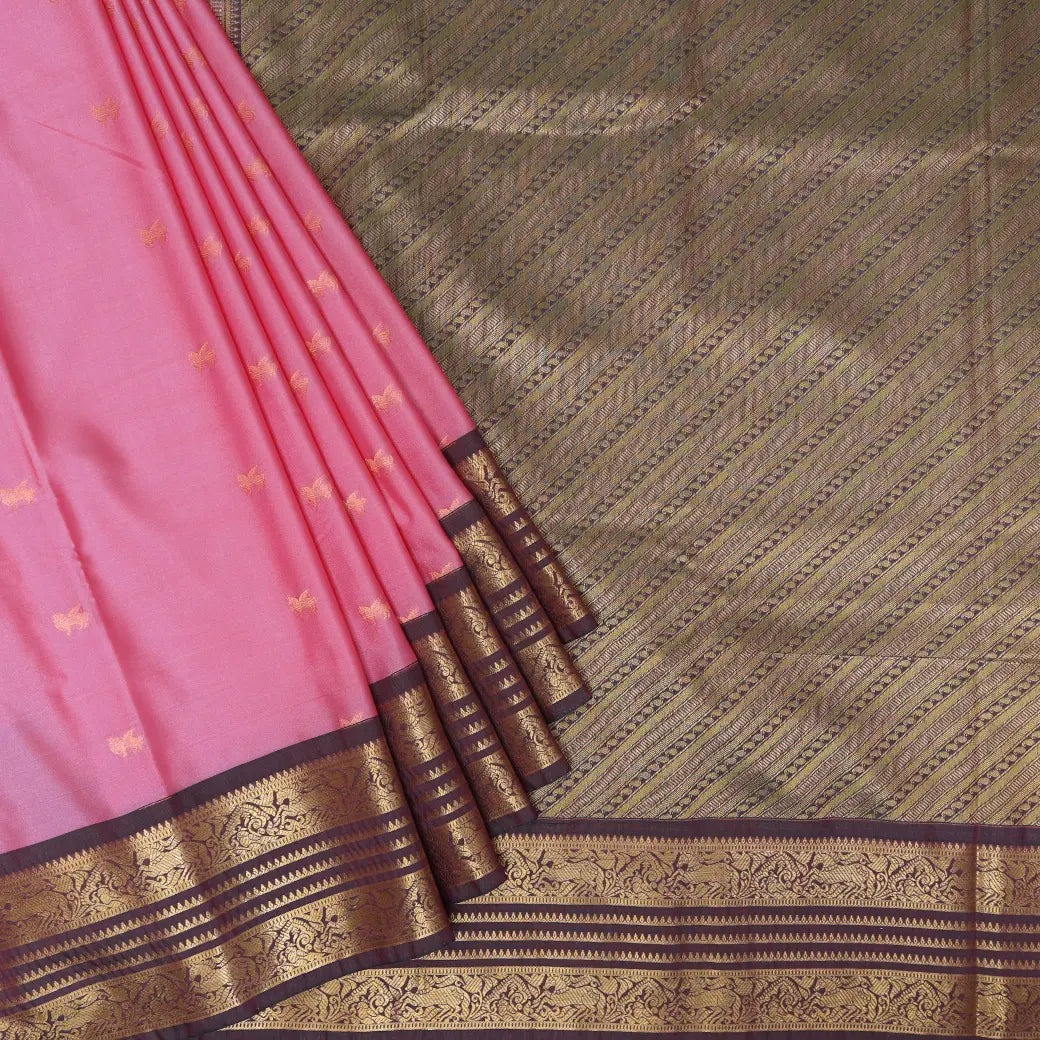 Pink With Coffee Brown Copper Zari Border Soft Silk Saree