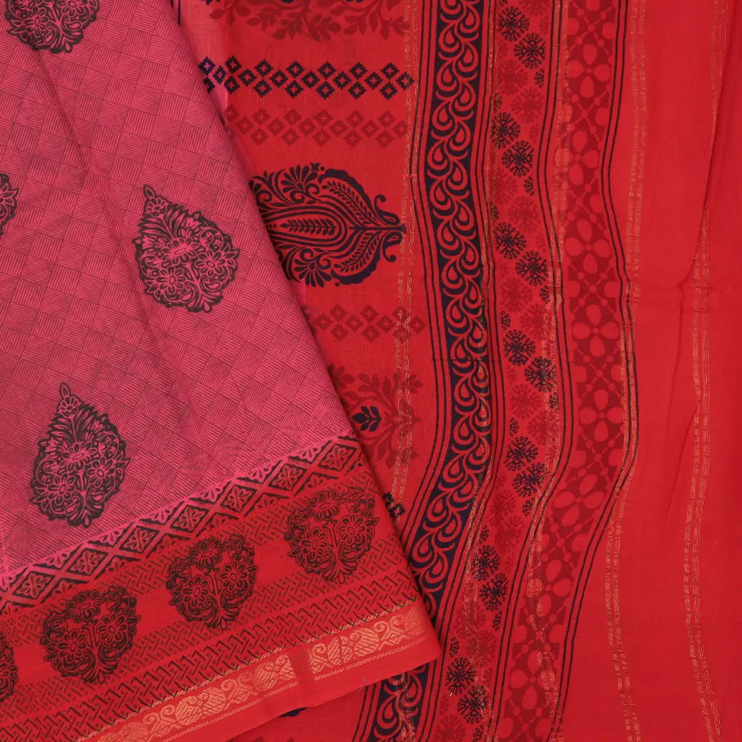 Pink with Red  Mul Mul Cotton Saree without Blouse